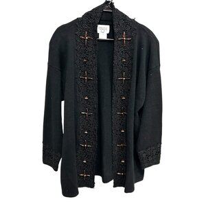 Black Open Front Cardigan Sweater Decorative Buttons Lace Trim Cervelle Sz Mediu
